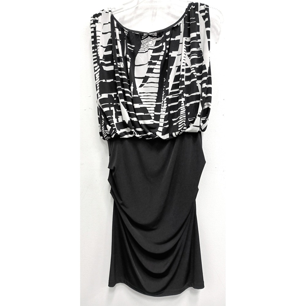 Valerie Bertinelli Dress Womens Size 12 Black White Abstract Blouson Ruched 8361